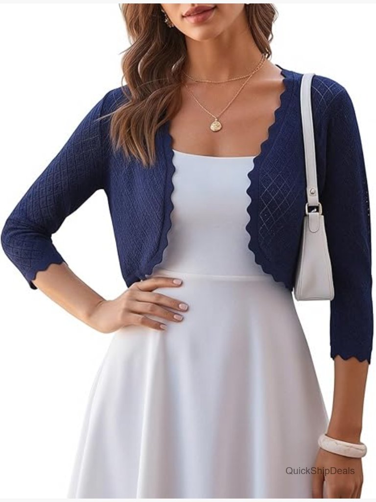 Crochet Cropped Cardigan 3/4 Sleeve Open Front Shrug 81% Viscose 19% Polyester